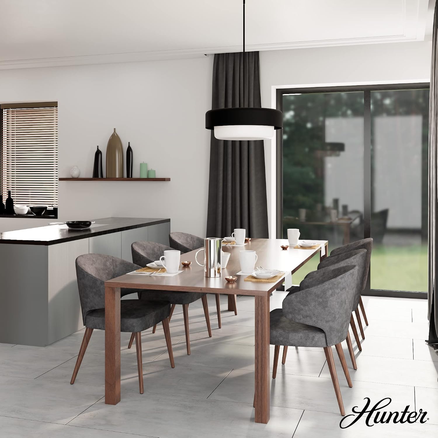 Hunter - Station 4-light Natural Black Iron, Large Pendant Light, Dimmable, Drum Shaped, for Bedrooms, Kitchens, Dining, Living Rooms - 19275