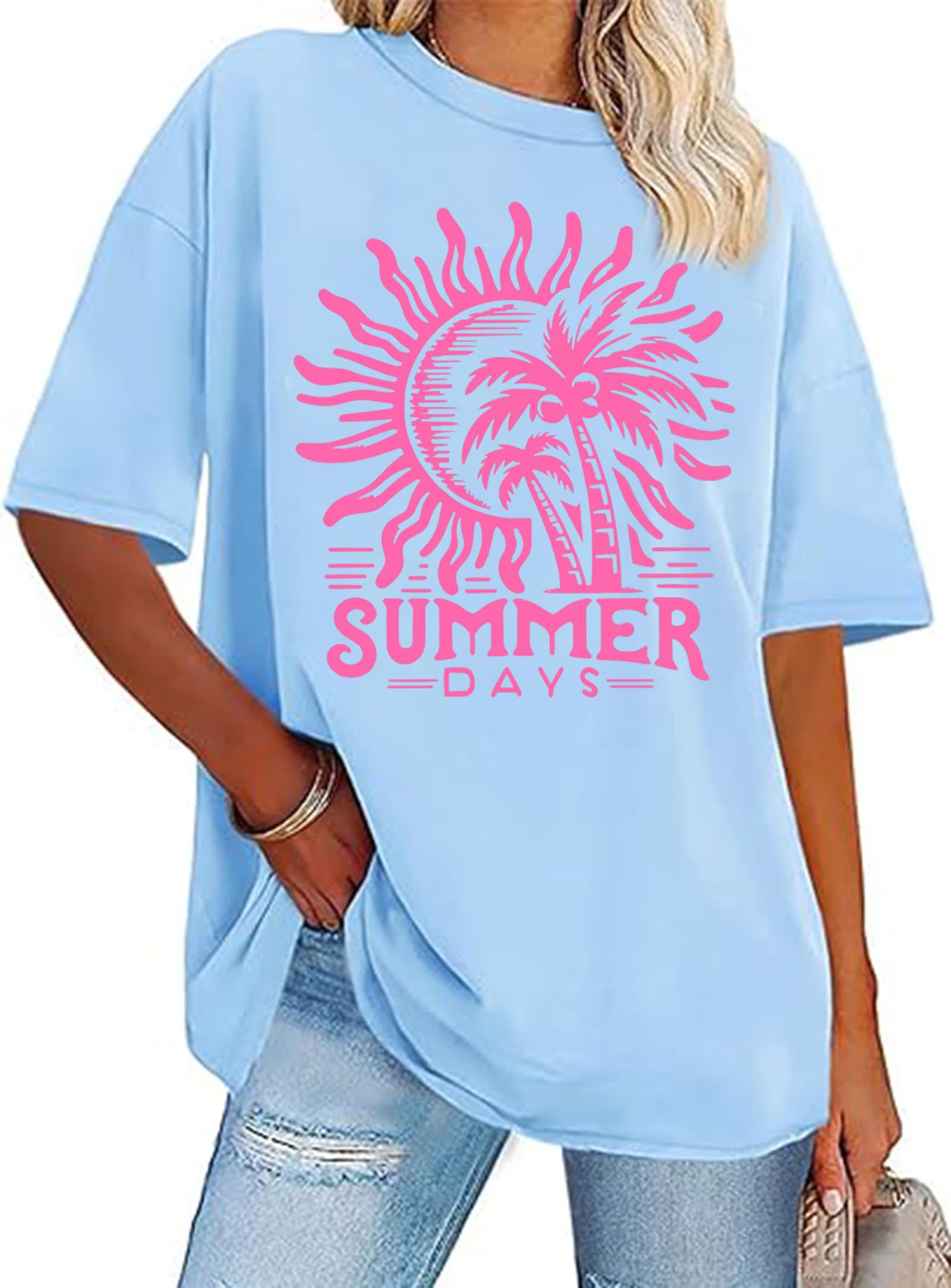 Oversized Graphic Tee Shirt for Women Summer Beach Vacation Clothes Casual Short Sleeve Loose Fit Basic T Shirt Top
