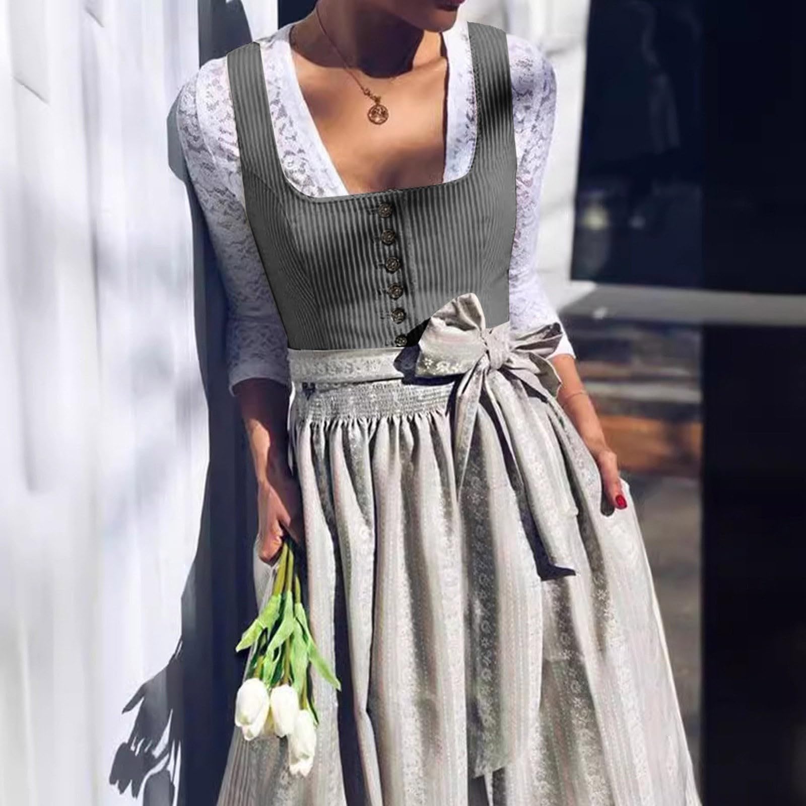 Dirndl Damen Midi Trachtenkleid Schlicht Outfit Trachtenmode Vintage Set Elegant Kostüm Inkl Dirndlschürze Trachtenkleid Dirndl-Komplettsets Trachten Kleid für Oktoberfest