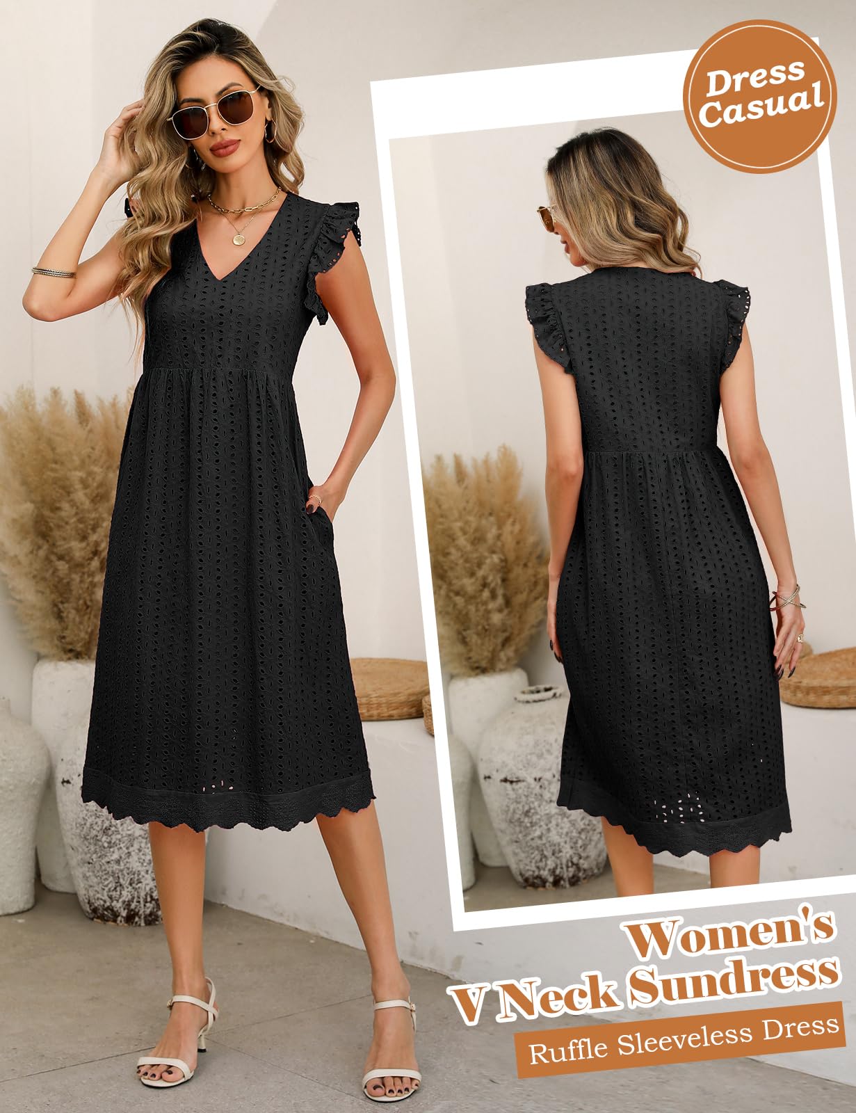 UMIPUBO Letnie sukienki damskie bawełna dekolt w serek midi sukienka bez rękawów z kieszeniami eleganckie boho sukienka plażowa na co dzień jednolite kolory letnie sukienki