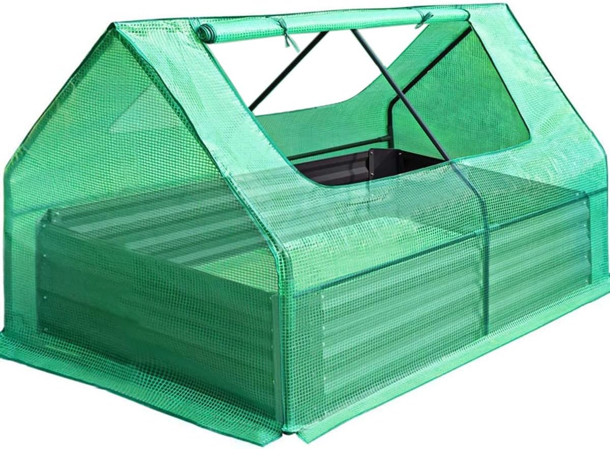 Raised Garden Bed with Cover Outdoor Galvanized Steel Planter Box Kit with Greenhouse Large Zipper Window Dual Use, 20pcs T-Type Tags & 1 Pair of Gloves Included 4x2.5x1 FT (Green)