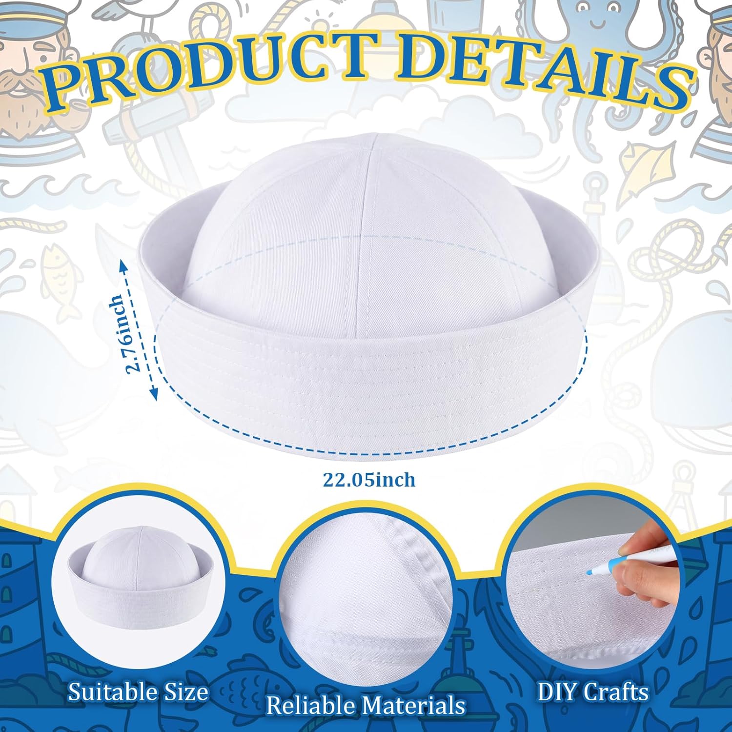 12 Pcs White Sailor Hats Crafts DIY Sailor Captain Cap Crafts Kit Color Your Own Nautical Vbs Vacation Bible School Supplies Decoration for Men Women Navy Costume Cosplay Party Activities