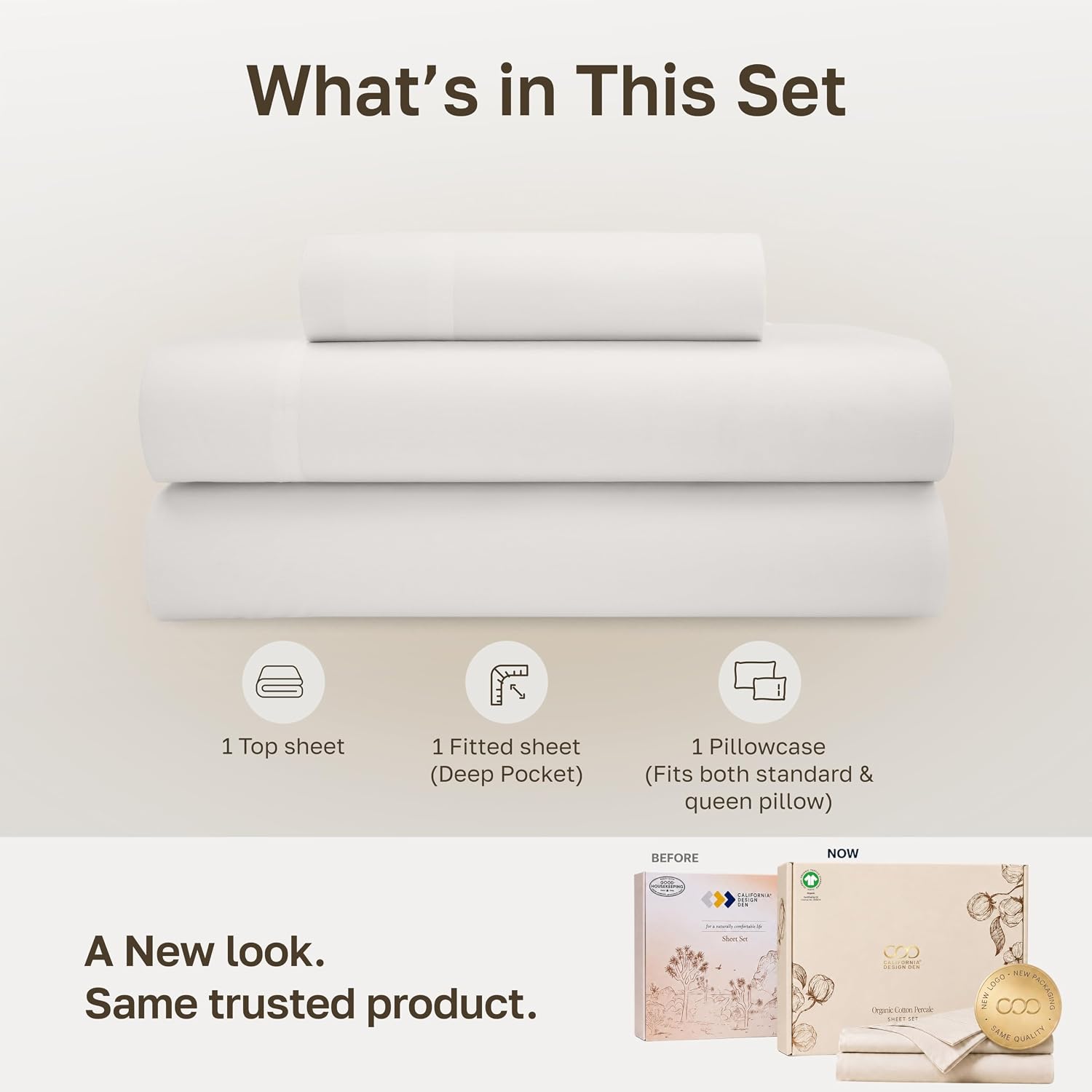 California Design Den 100% Organic Cotton XL Twin Sheets, 3 Pcs, True Ivory image 3