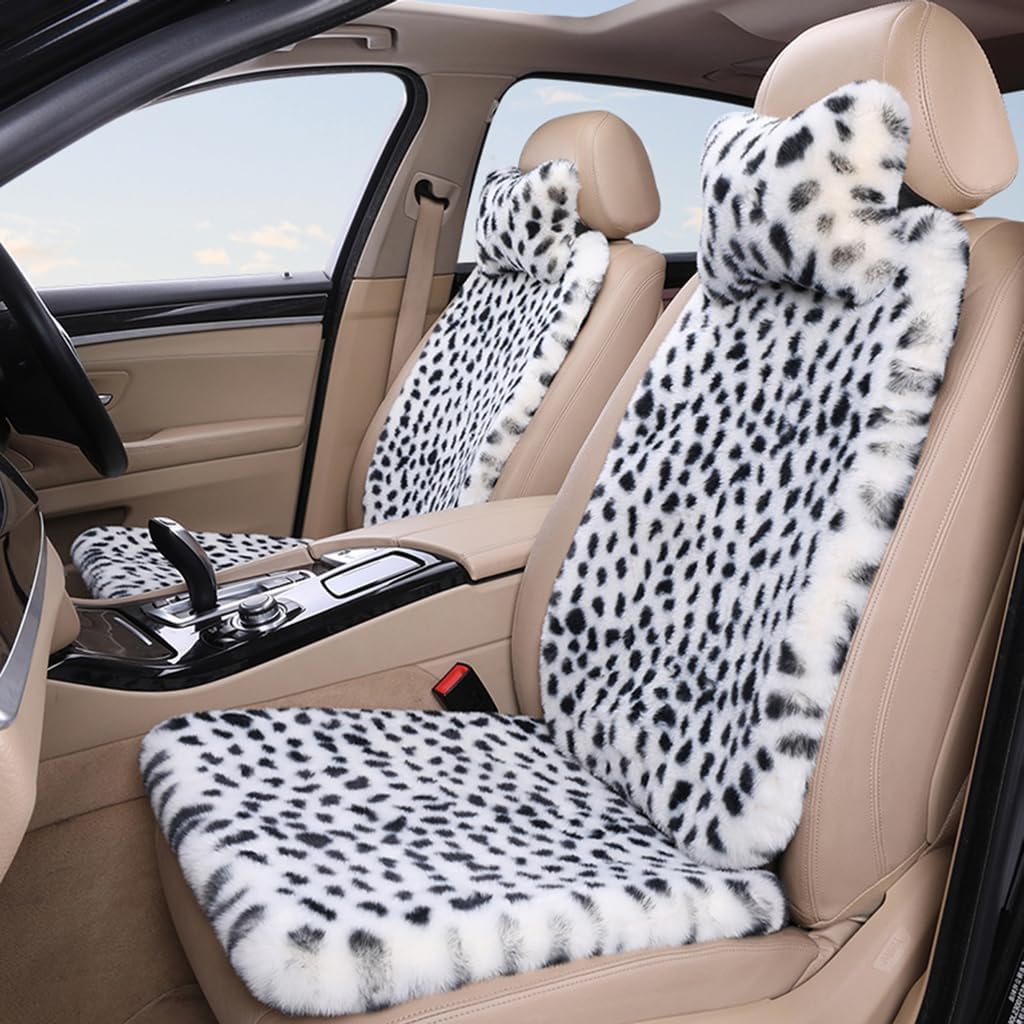 Plush Leopard Print Car Seat Covers, Fluffy Leopard Seat Covers Car Front Seat Cover Seat Protectors with 2 Neck Pillows, 6PCS Velvet Car Seat Cushions Car Seat Covers for Women Men, White