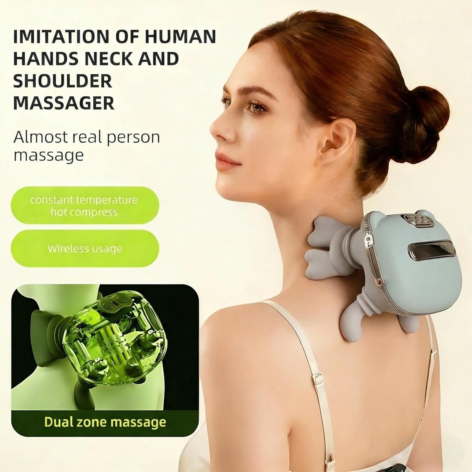 Shoulder and Neck Massager with Heat, 4D Bionic Heated Neck Massager for Pain Relief Deep Tissue, Electric Kneading Shiatsu Back Massager for Home Office Travel Relax Muscle Tension (Green)