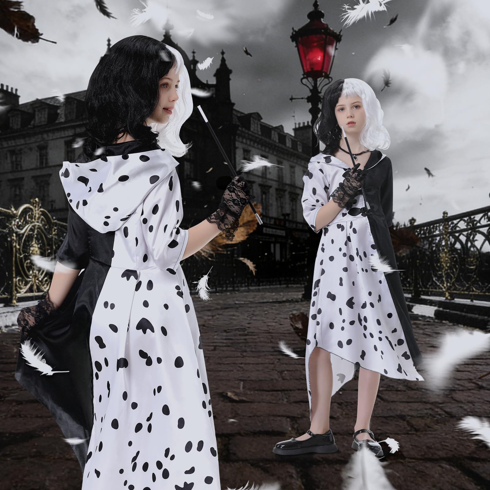 IEEILULU Cruella Costume Bambina, Vestito Crudelia Demon Donna, Costume da Crudelia Deville per Ragazze, Buono per il Ragazze Cosplay di Halloween - il Carnevale del Male