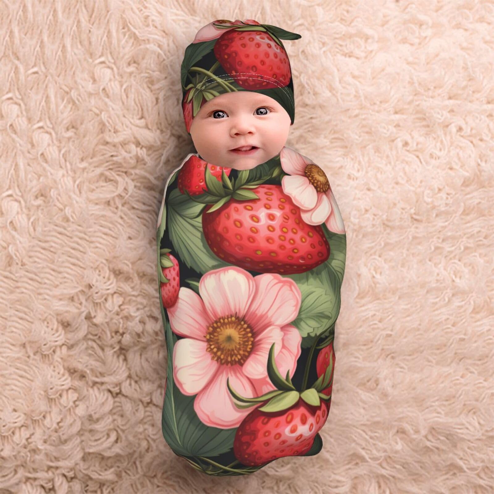 3D Truskawkowy koc i czapka dla noworodków, przytulny szal dla niemowląt, malucha, komfort, 29 x 53 cm