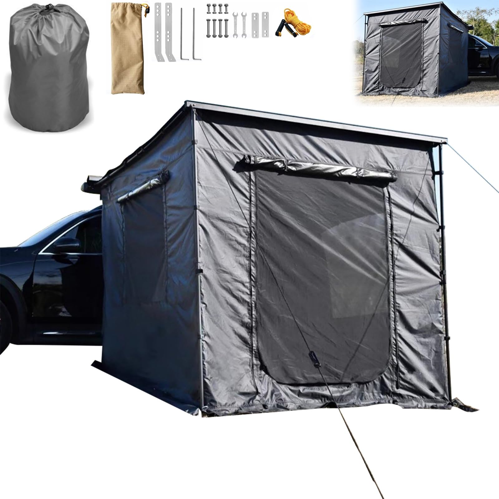 Einziehbare Auto Markise Vorzelt Dachgepäckträger, 420D Oxford PU5000mm Wasserdicht, Sonnenschutz Camping für SUV mit Tasche(Gray,160x250cm/5.2x8.2ft)