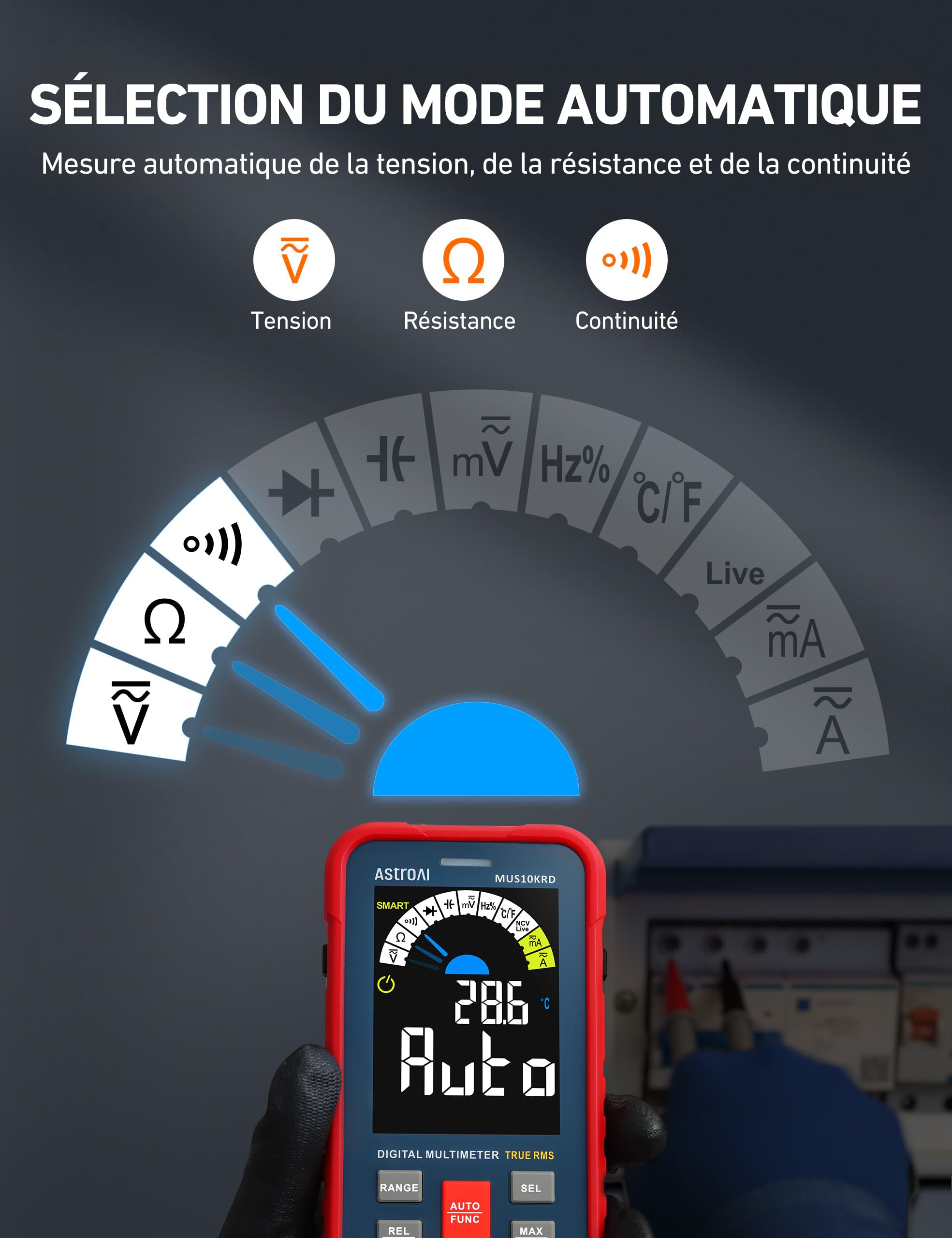 Multimètre Numérique AstroAI 10000 Comptes TRMS – Automatique, Écran Couleur LCD, Tension, Courant, Résistance, Température