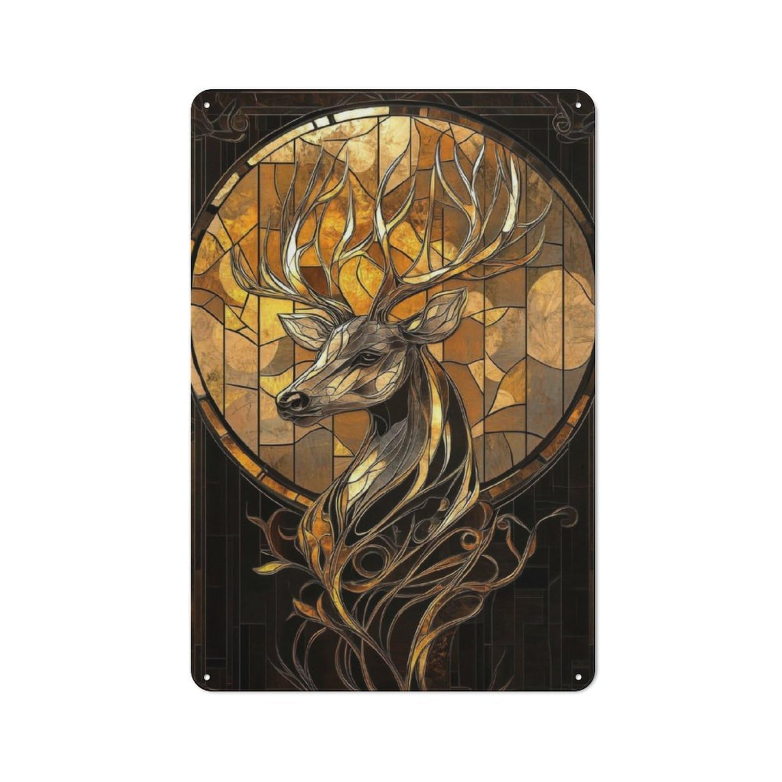 Tin Wall Plaque 30x20cm with Stained Glass Deer for Kitchen Or Home Bar, for Metal Sign Collectors, for Cafés, Pubs And Restaurants