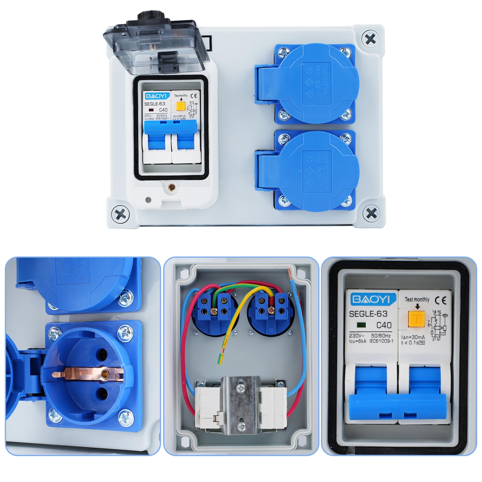 Wandverteiler 16A 250V Baustromverteiler 2-Polig Stromverteiler IP54 Wasserdicht Baustromverteiler mit 32A 1P+N FI Schalter Starkstrom Verteiler mit 2 Schuko-Steckdosen