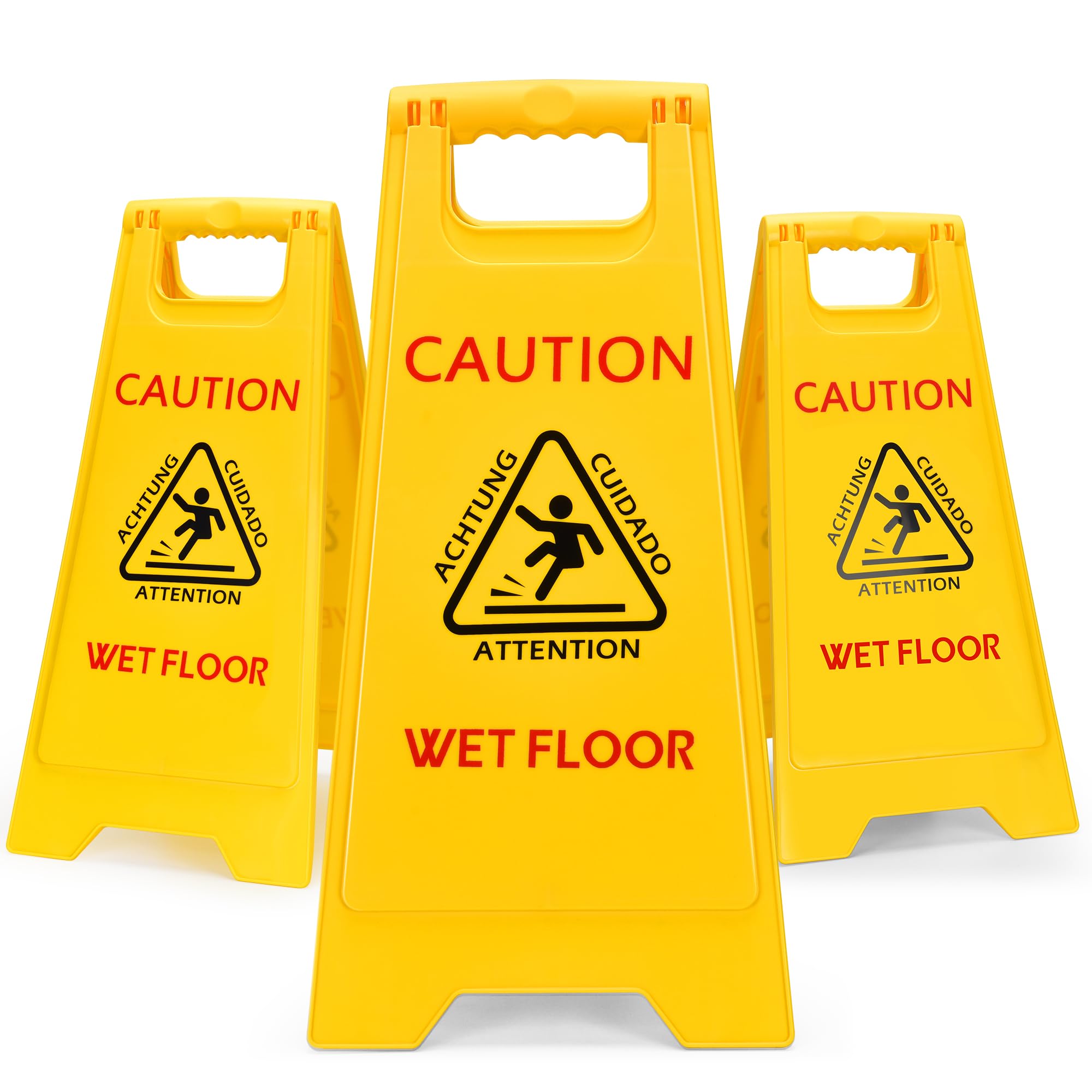 MATTHEW CLEANING 25'' Industrial Wet Floor Sign 3 Pack 2-Sided Safety A-Frame Birght Yellow Multilingual Warning Signs Commercial Caution Wet Fold-out Floor Signs For Indoors and Outdoors