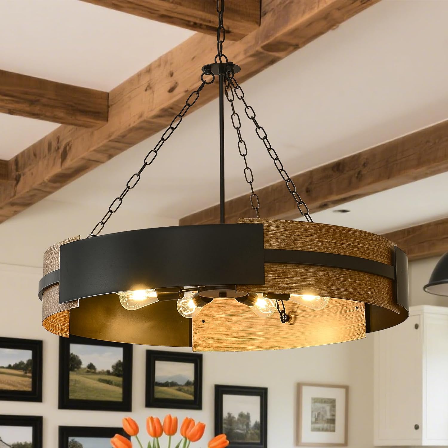 8-Light Modern Farmhouse Drum Chandelier, 35.34" Black Metal Industrial Drum Pendant Light, Rustic Wood Grain Adjustable Hanging Light for Kitchen Island Dining Room Ceiling