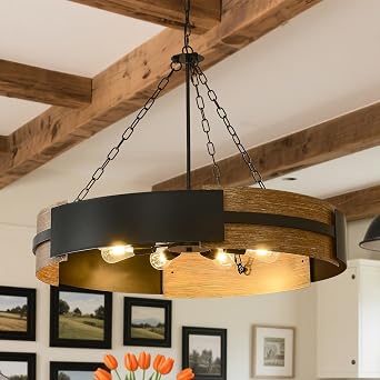 8-Light Modern Farmhouse Drum Chandelier, 35.34" Black Metal Industrial Drum Pendant Light, Rustic Wood Grain Adjustable Hanging Light for Kitchen Island Dining Room Ceiling