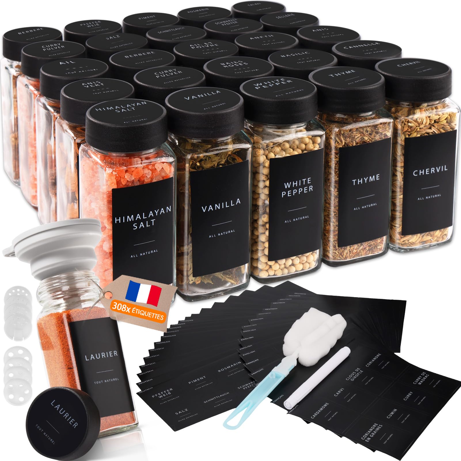 Pot à Épices en Verre et Bois, 25 Pièces Bocaux à Épices avec Étiquettes d'épices Françaises, 120ml Boite à Épices Cuisine Rangement, Bocal Epices avec Tamis, 308 Étiquettes, Entonnoir