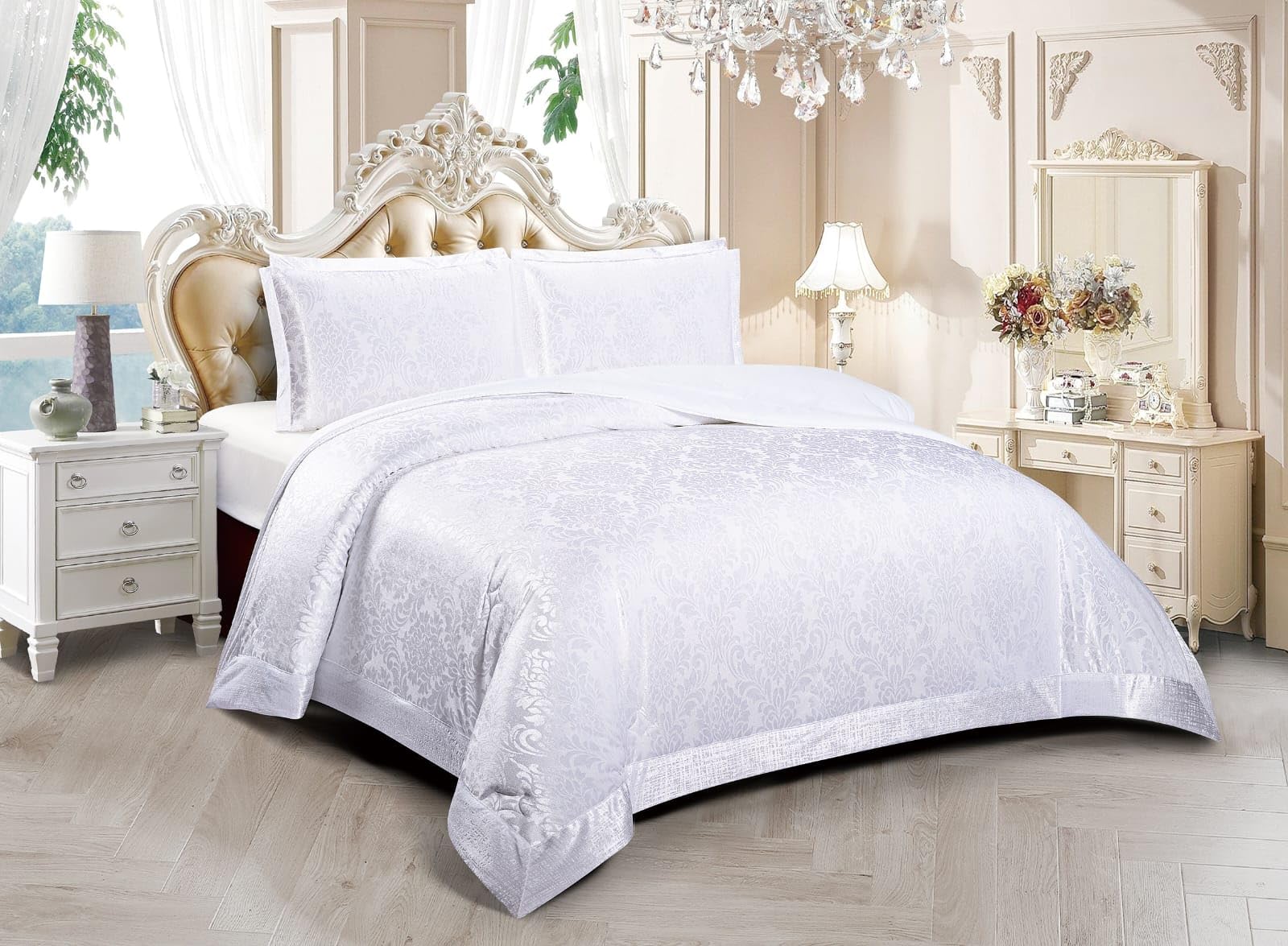 Mh Bedding Store ltd Luxury 3-Piece Quilted Bedspread/Comforter with Pillow Shams, Elegant Embossed Damask DesignBedding Set (White, King)