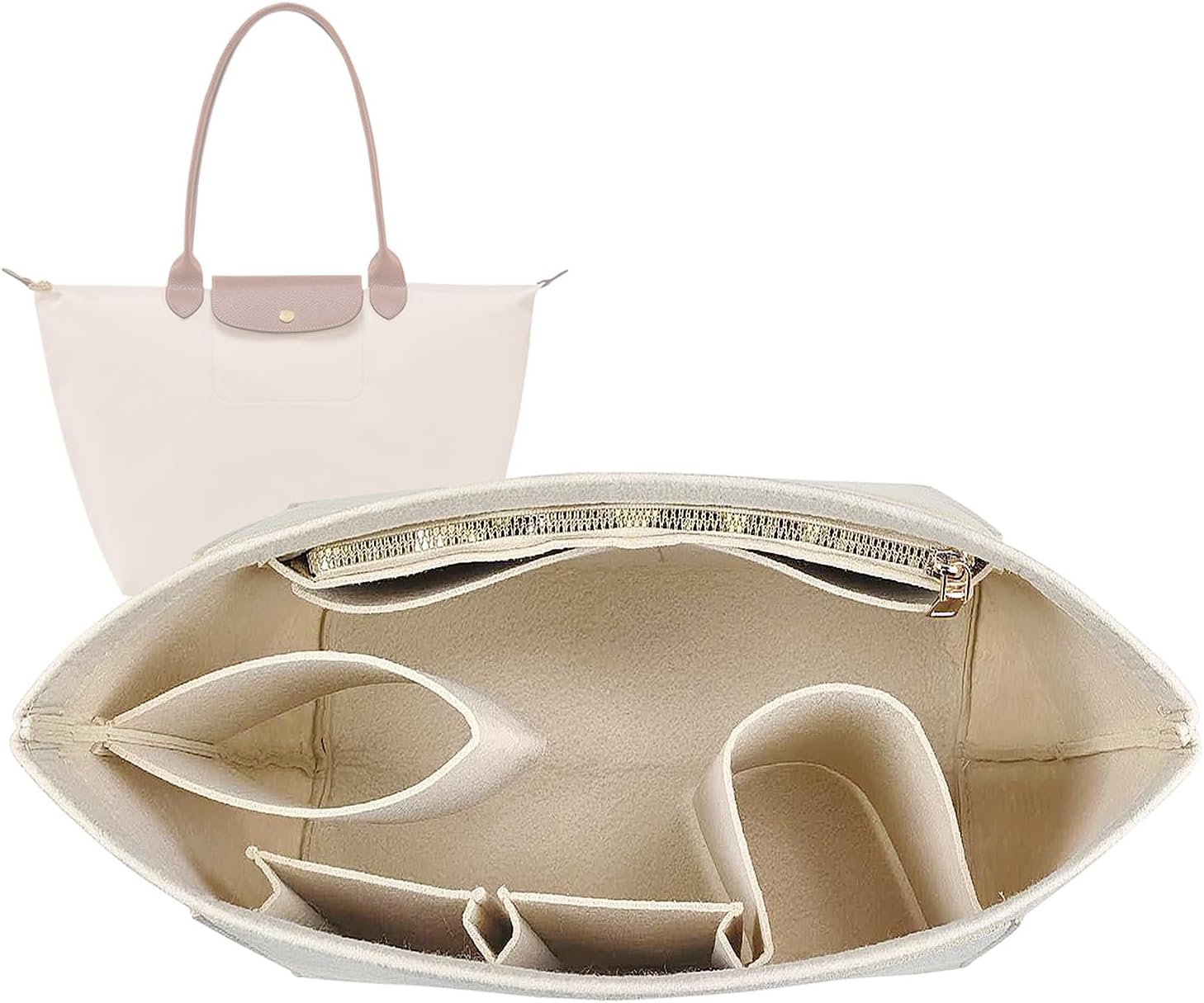 Lckaey tote bag organizer insert for Longchamp le pliage large tote insert felt purse zipper bag organizer 1028beige-M