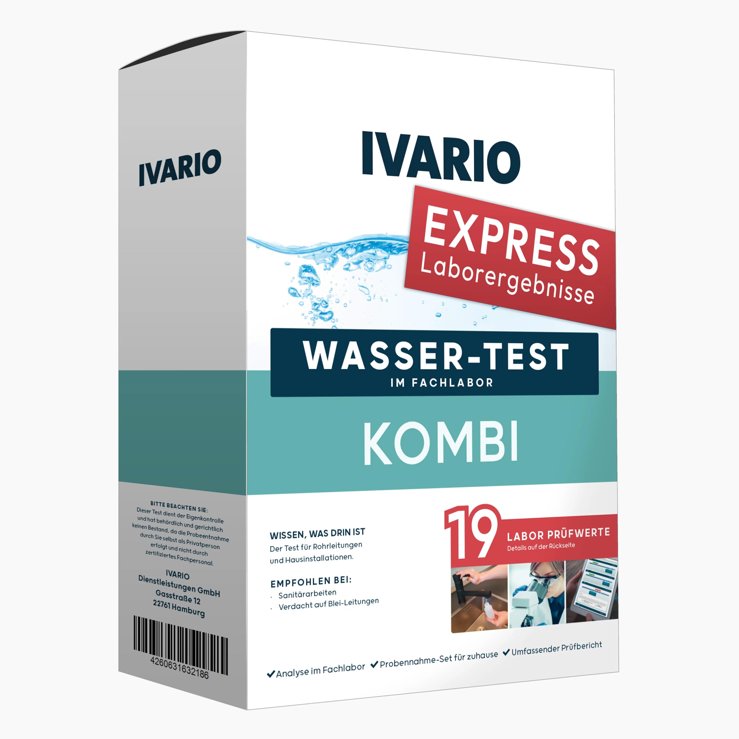 IVARIO Express-Labor-Wassertest Kombi (19-in-1) für Trinkwasser, Experten-Analyse im Deutschen Fachlabor