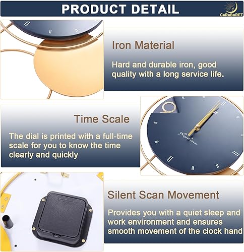 Miniatura 3 de Reloj de pared azul y dorado con gancho de 30 pulgadas, reloj de pared grande moderno para sala de estar, cocina, dormitorio, interior, silencioso,