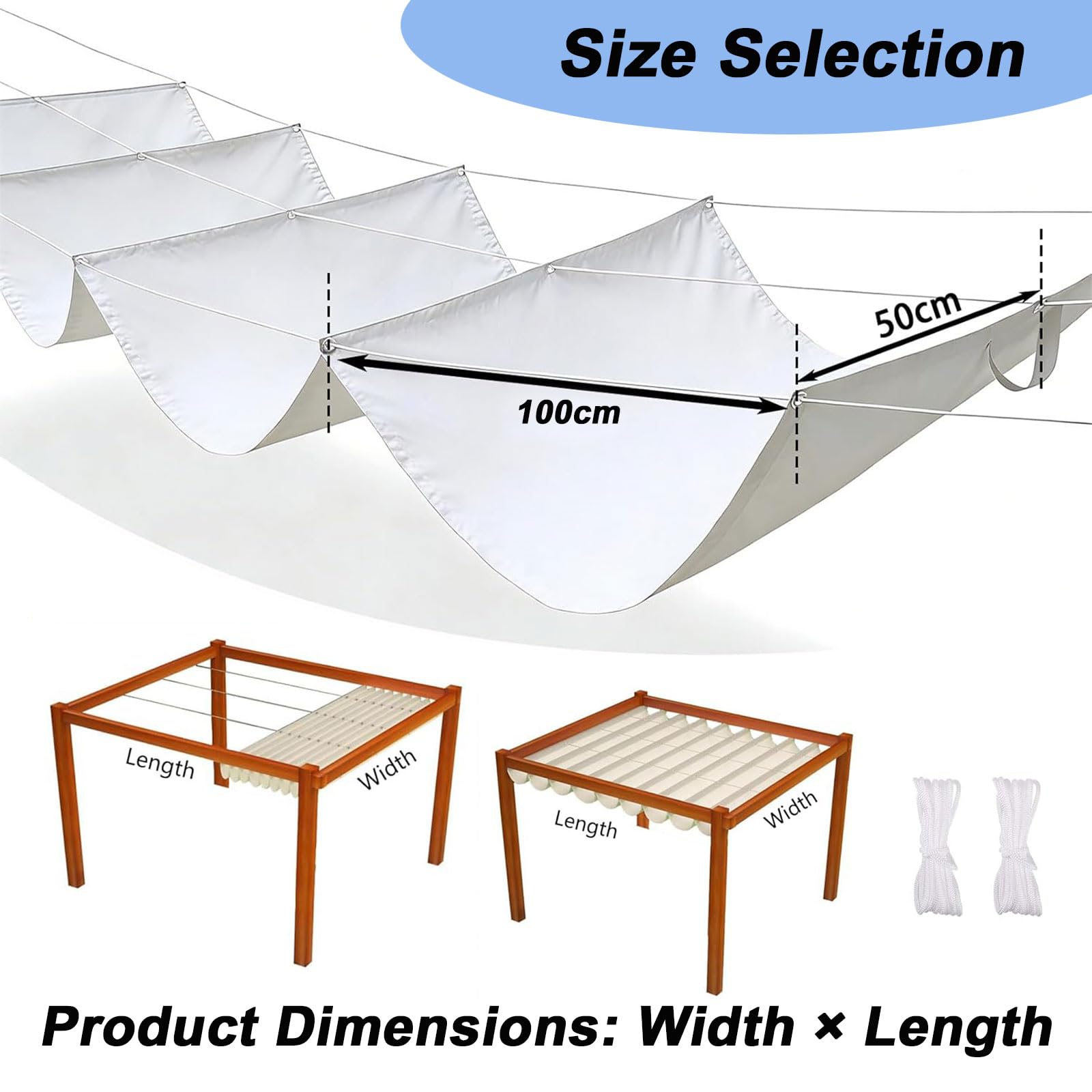 Ausziehbares Wellen-Sonnensegel 130 x 700 cm Wasserdicht UV Schutz Rechteckig Verstellbar Schattenabdeckung Welle mit Ösen Und Seil Nach Maß für Garten Terrasse Balkon, Weiß