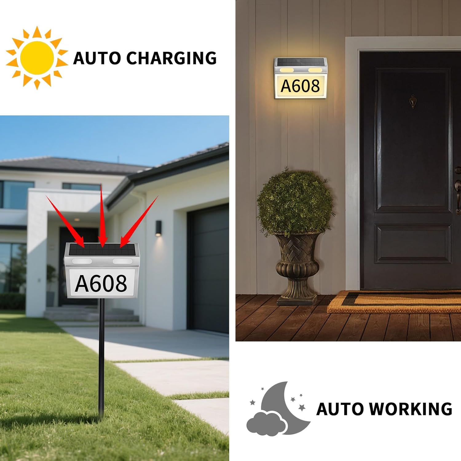 Solar House Numbers for Outside Light up Solar Address Sign House Number Waterproof, 3-Color Lighting Modes LED Illuminated Address Plaque Stainless steel Address Sign for Yard Wall-Mounted or Floor-Plugged