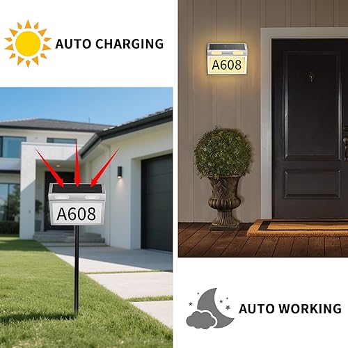 Miniatura 11 de Números de casa para exteriores, letrero solar de dirección de acero inoxidable para casas, impermeable, 3 colores, placa de dirección iluminada