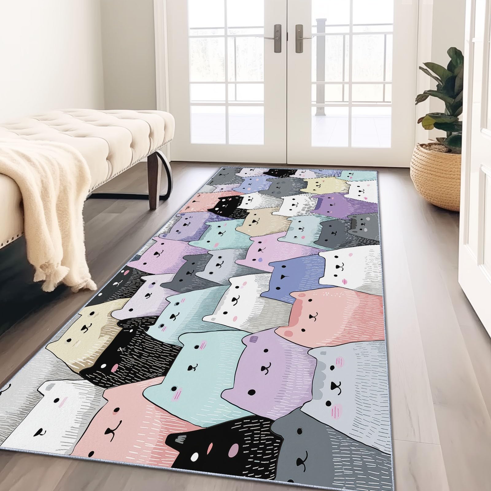 Tapis couloir long 60x120 cm multicolore motif graffiti chat pour entrée