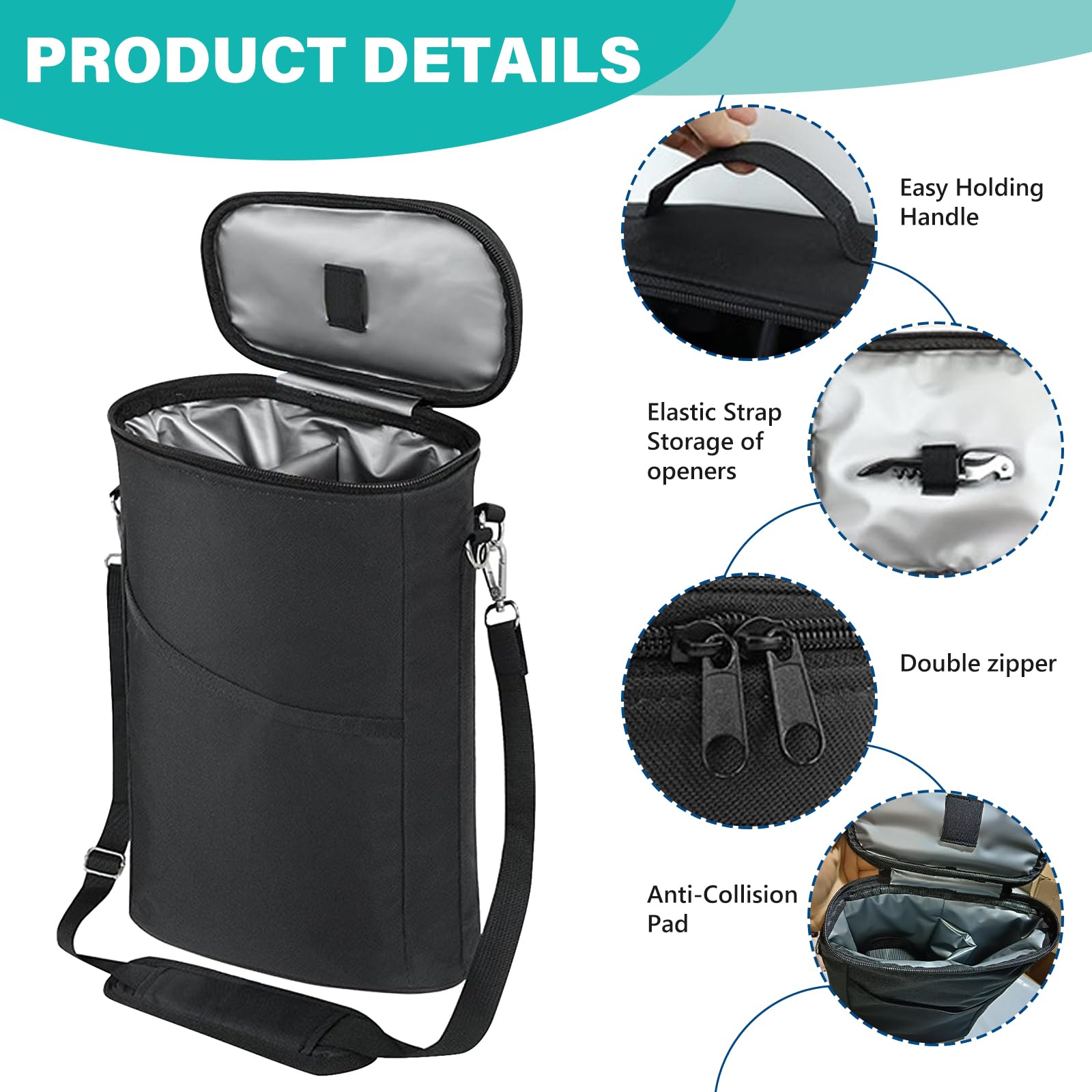 Borsa termica per vino, borsa per bottiglie, borsa frigo, borsa termica per vino, borsa termica isolata, borsa termica per vino portatile con cinghia, per 2 bottiglie di vino, bicchiere da vino
