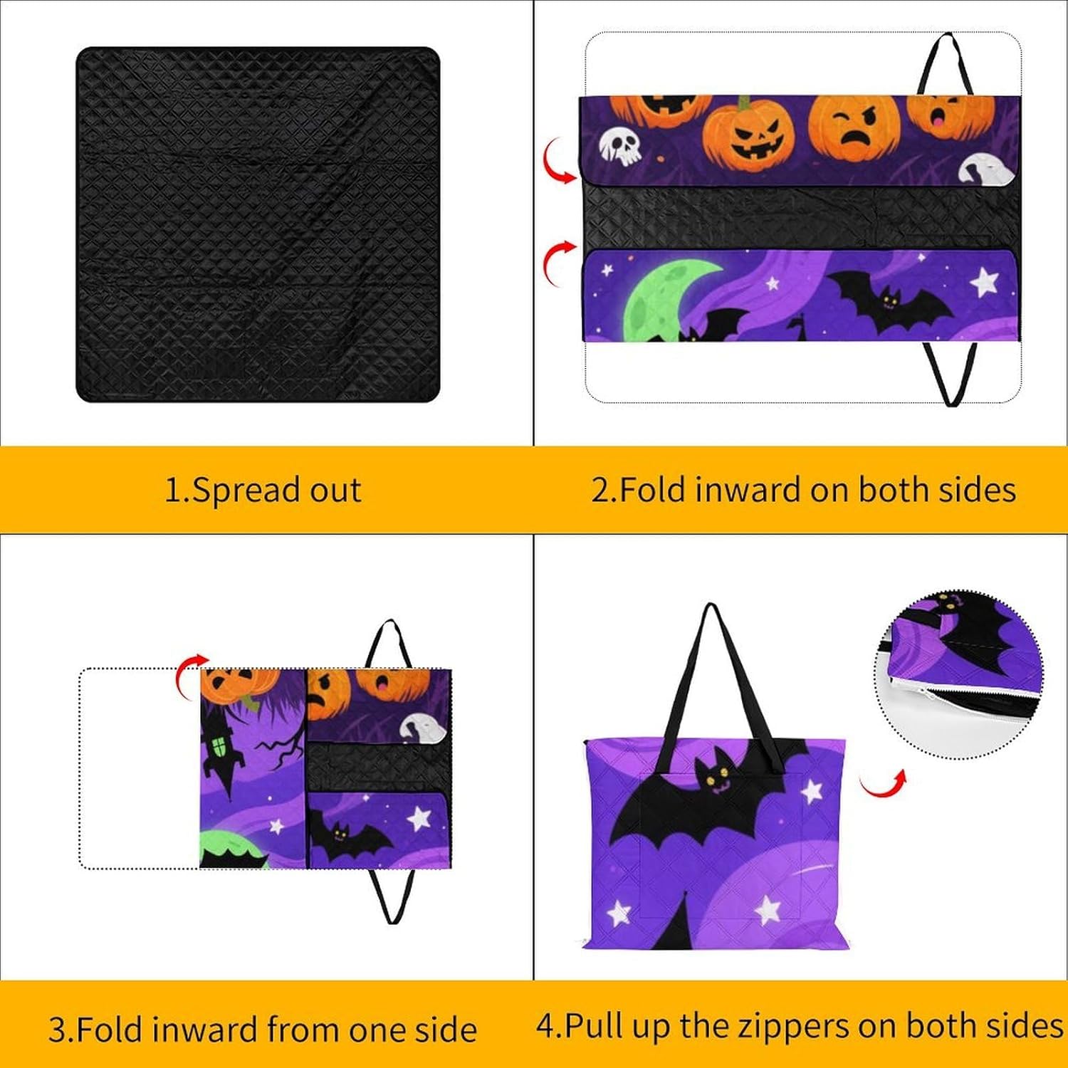 Halloween Purple Night Picnic Blanket 150x150cm, Foldable 2-in-1 Picnic Mat and Tote Bag Portable Waterproof Beach Mat Sandproof Outdoor Blanket for Park, Hiking, Beach, Camping, Travel