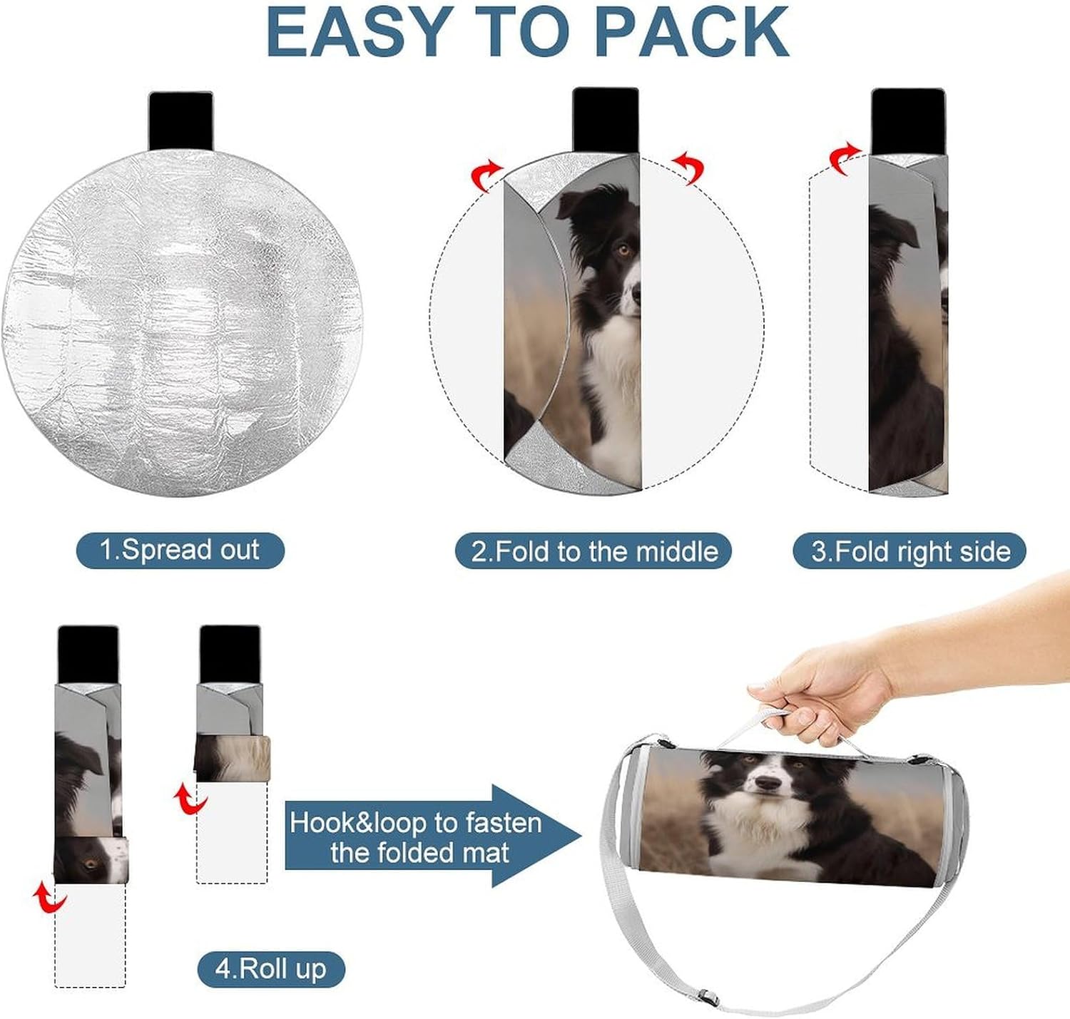 Border Collie Round Outdoor Picnic Mat Foldable Waterproof Beach Camping Blanket Outdoor Rug with Sponge Padding
