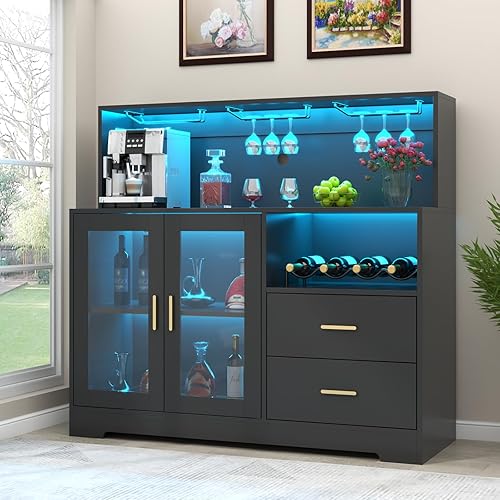 Armario de bar de vinos con luz LED, gabinete de café para el hogar con estante para vino y vidrio, aparador de cocina con gabinete y cajones de