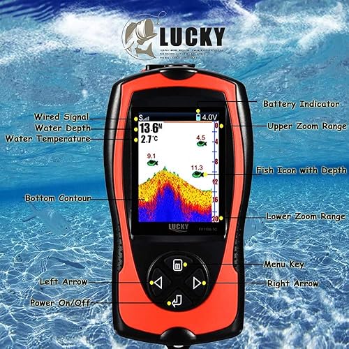Miniatura 6 de LUCKY Buscador de peces portátil Transductor Sonar Sensor de 147 pies de profundidad de agua Buscador de profundidad de agua Pantalla LCD Ecosonda