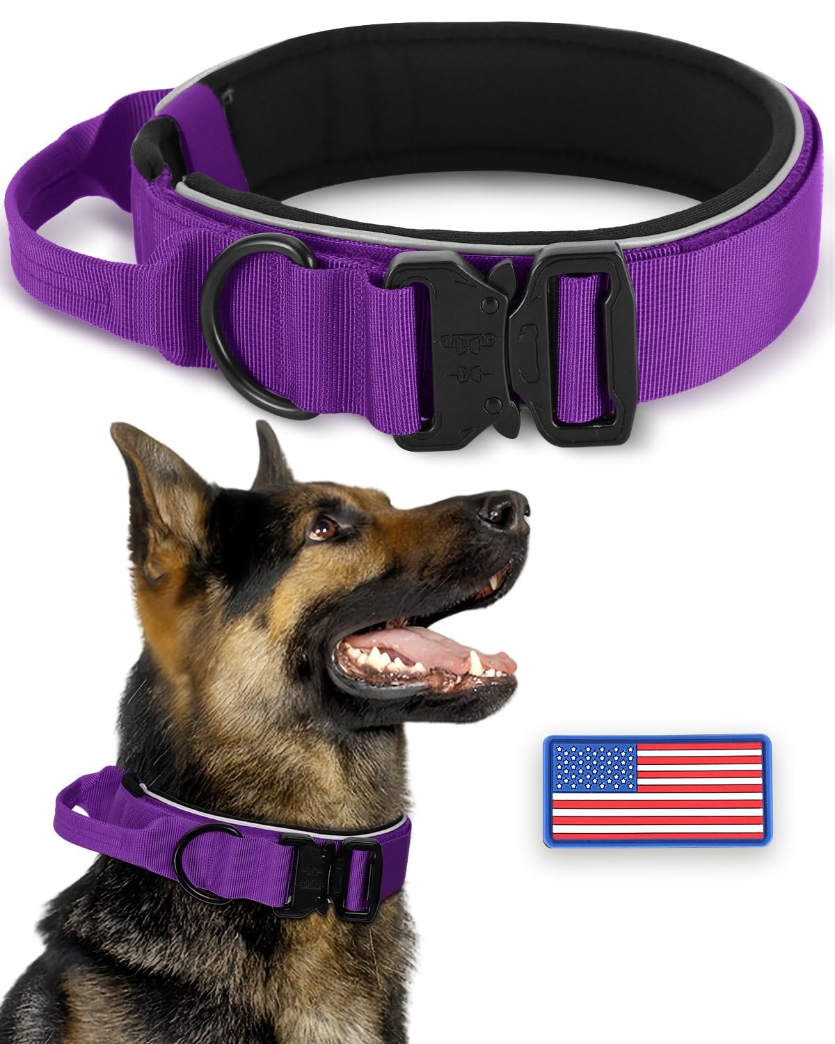 Thick Wide Reflective Heavy Duty Purple Dog Collar for Medium Large Strong Dogs, Durable Adjustable Nylon Dog Collar with Quick Release Metal Buckle and Soft Padded for Night Walking