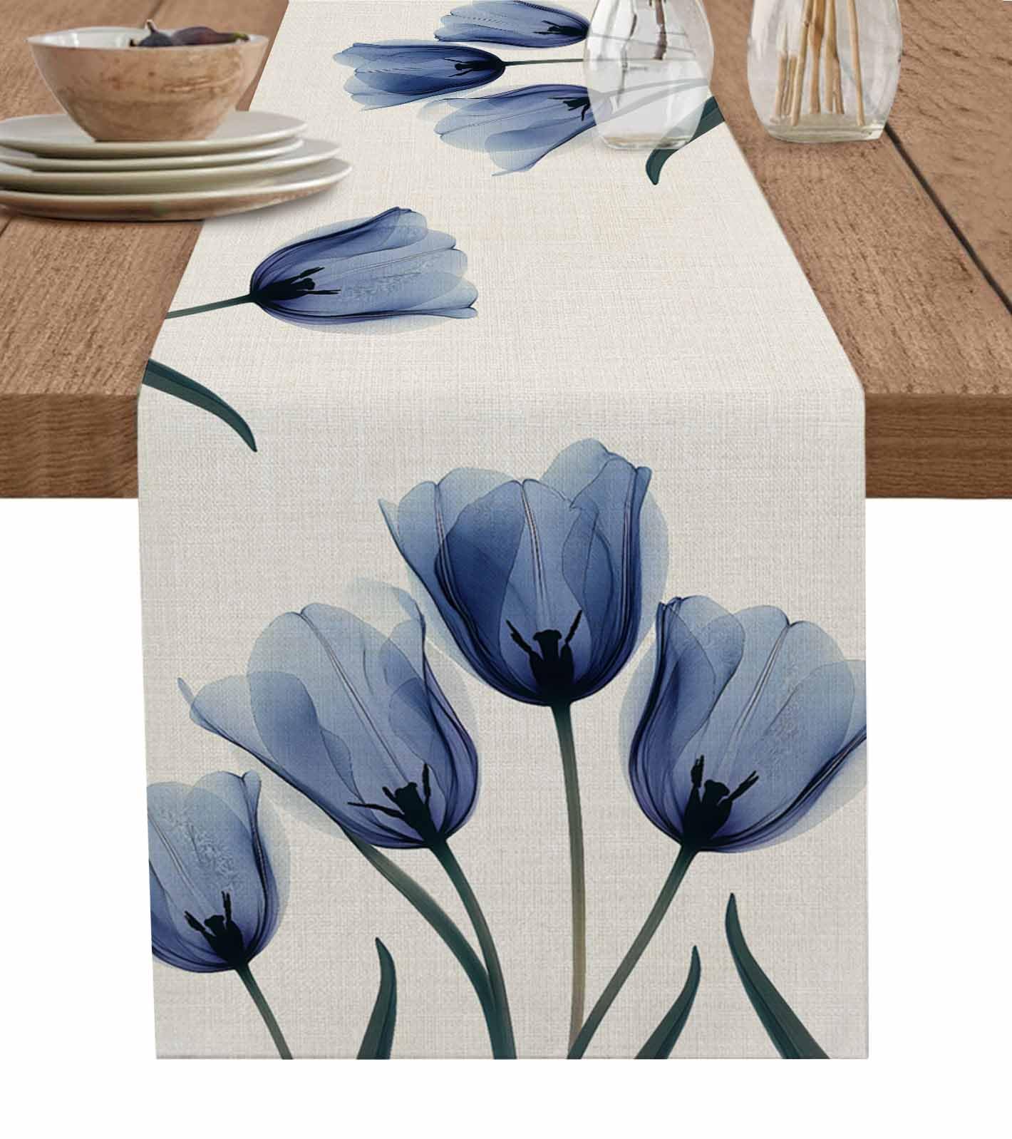 Gavrelixora Blue Tulip Table Runners 36 Inches Long, Small Rustic Spring Floral Coffee Table Runner, Summer Botanical Farmhouse Tablerunners Dress
