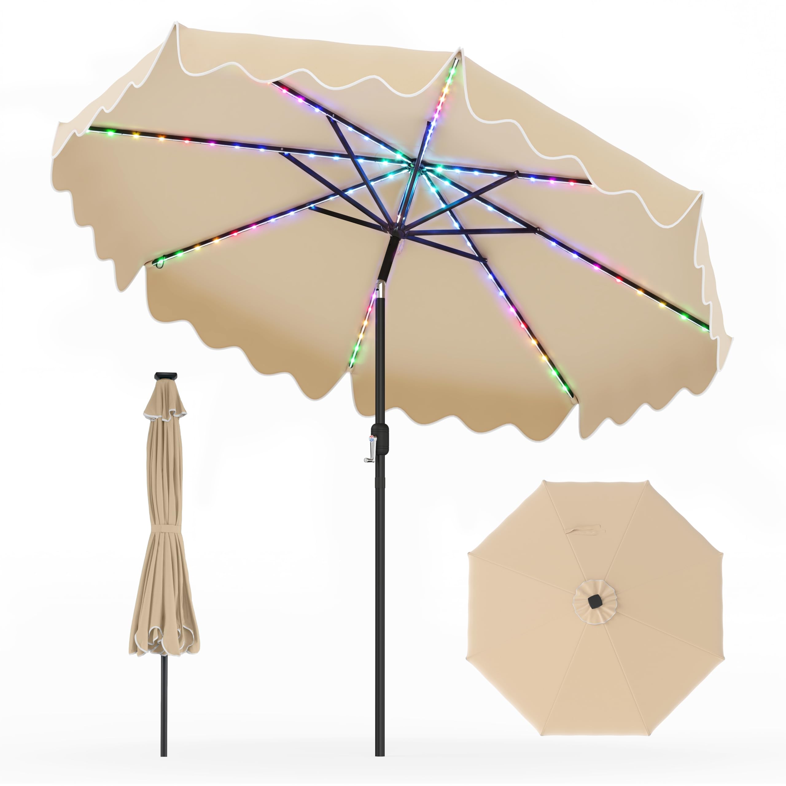 COSTWAY Ombrellone Giardino 280 cm, 104 Luci, Inclinabile 30° | 8 Stecche in Metallo, Anti- UV, Parte Superiore Ventilata e Manovella, per Balcone Terrazzo Piscina