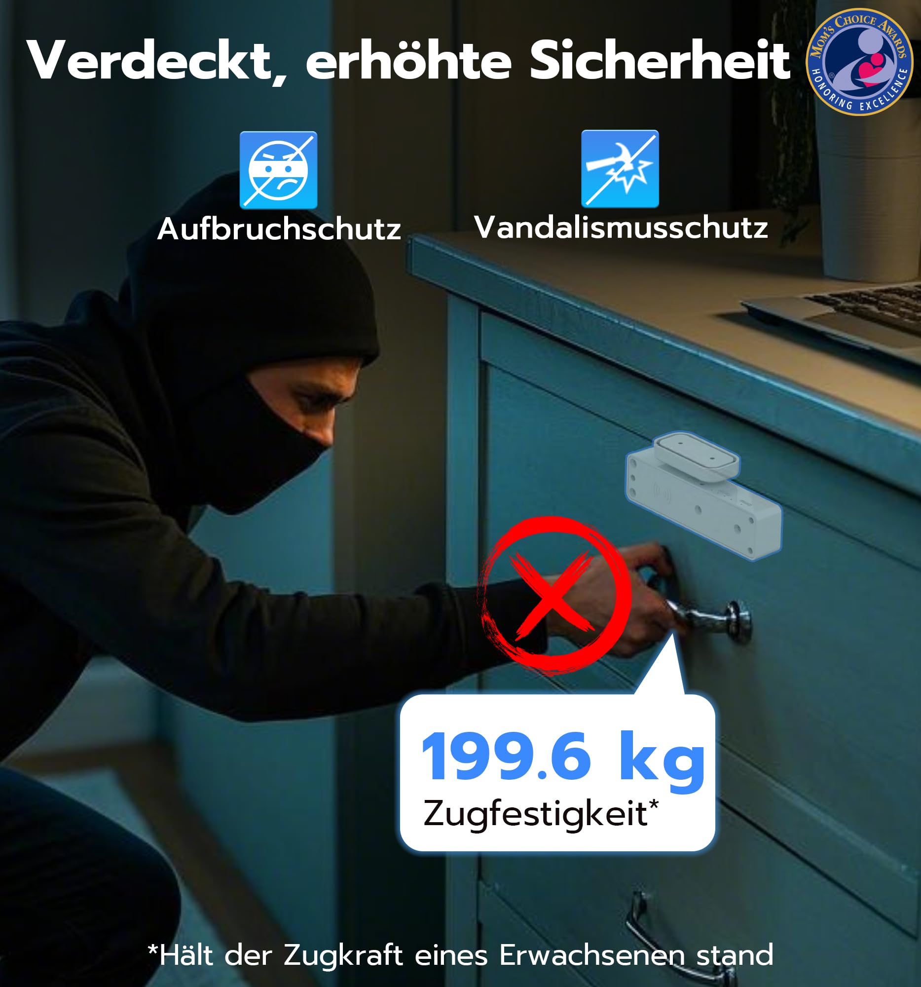Unsichtbares Schrankschloss mit App & RFID – Bohrerfreie Kindersicherung – 5-in-1 Smart Lock für Schubladen & Schränke (NFC, Bluetooth, Fernzugriff) – Klebemontage, Weiß