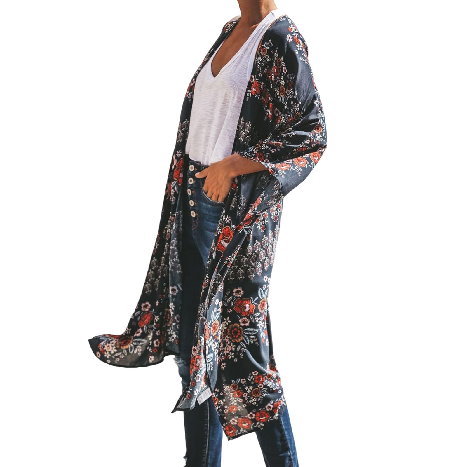 Genérico Kimono Mujer Cardigan Mujer Verano Playa Cardigan Boho Style Suelto Chal de Gasa Ropa de Baño Cover Up Camisas Mujer Largos Vestido Playa Verano Camisolas Playeras Suelto Pareos