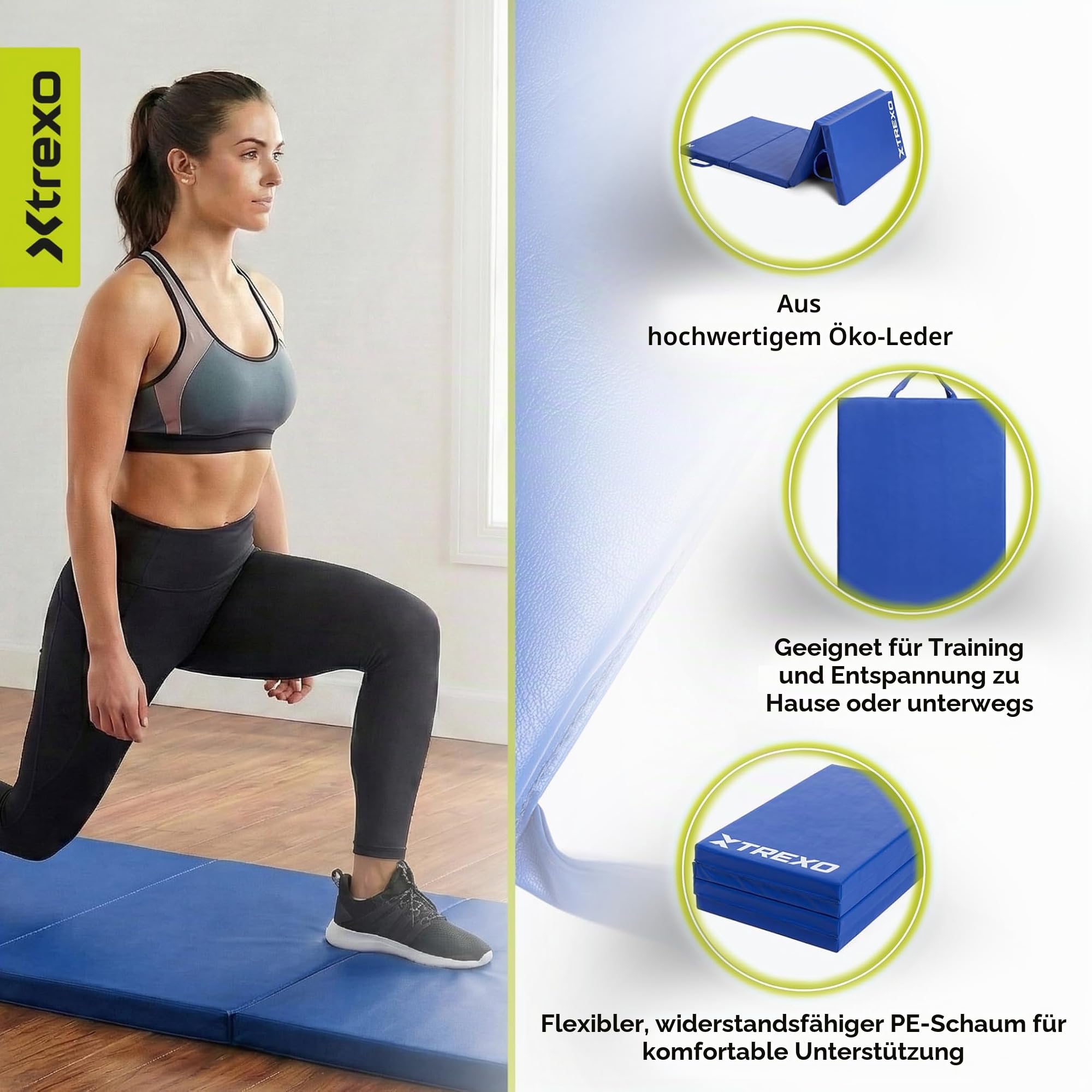 XTREXO Klappbare Gymnastikmatte – Turnmatte 4-teilig – Kunstleder & EPE-Schaumstoff – Faltbar mit Tragegriffen – Rutschfest für Training, Yoga & Kinderzimmer