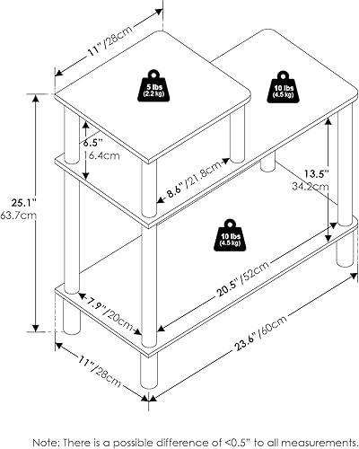 Miniatura 3 de Furinno Turn-N-Tube - Mesa auxiliar rectangular de 3 niveles con estante abierto, mesa de noche de montaje sin herramientas, mesa de noche, para