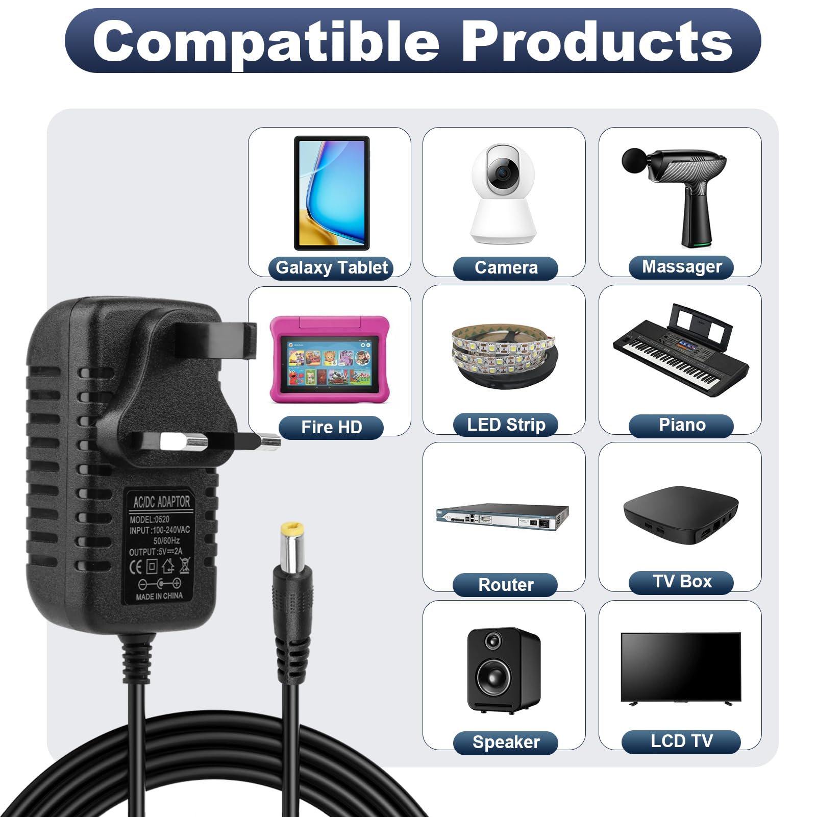 5V 2A Power Adapter, 10W AC 100-240V 50 60Hz to DC 5V 2A Power Supply Wall Plug Charger for LED Strip CCTV Router Speakers Lights Box Audio Video Universal Switching Adaptor with 5.5x2.1mm — view 4