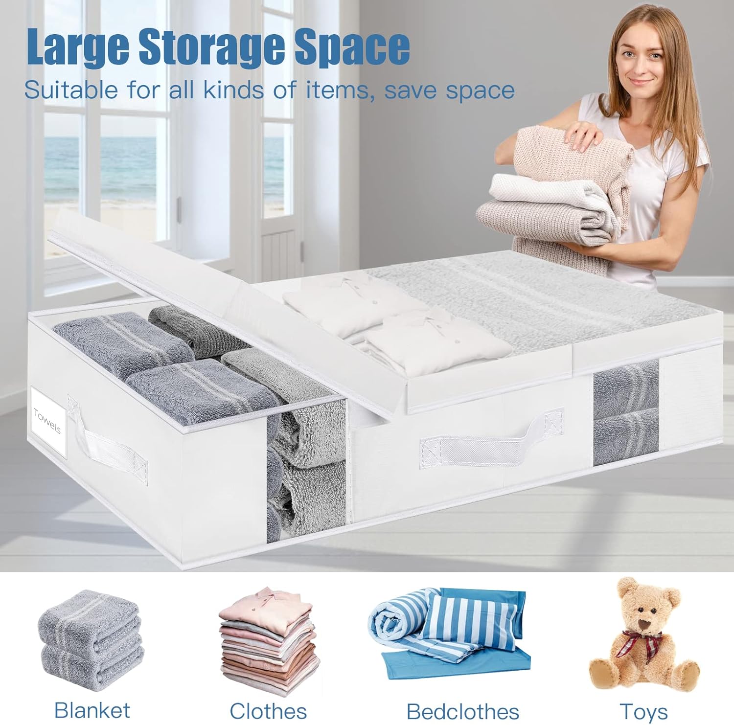 Underbed Storage Containers 3 Pack, Large Under Bed Storage Bins with Lids, Foldable Under the Bed Storage Drawer for Organizing Clothes, Shoes, Blankets, Pillows-PEVA Waterproof Material