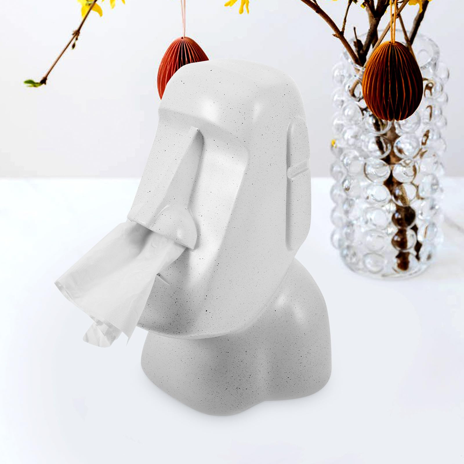 Porta Fazzoletti Scatola Creativa, Moai in Resina Bianca da Bagno