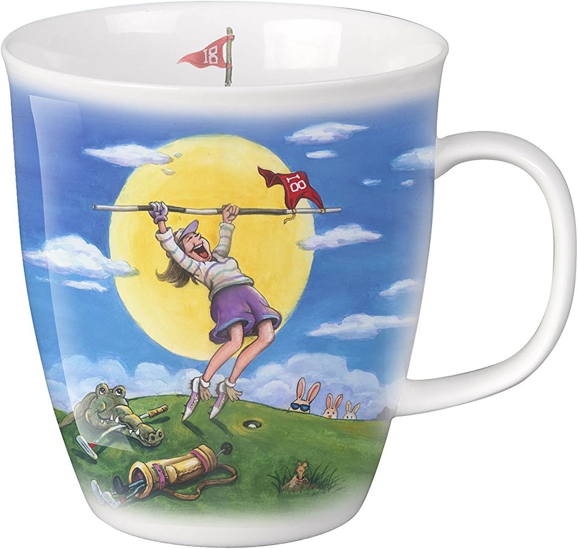 SVIV Curve New Bone China Coffee or Tea Mug, 16oz (Lady's Birdie on the Golf Course)