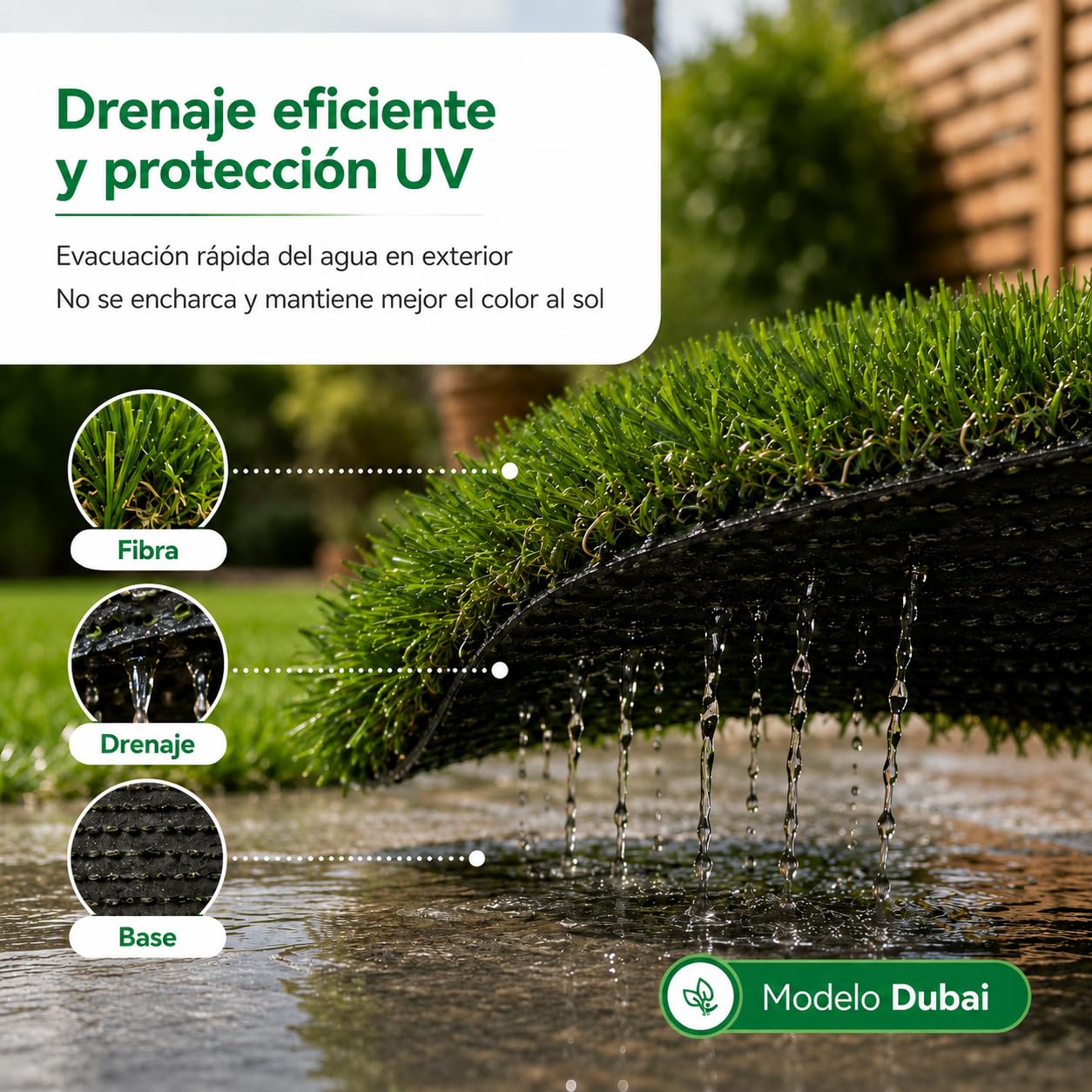 Césped Artificial DUBAI 40 mm | Rollo 1x5 m |Natural y Realista | Resistente UV | Hilo en Forma de C | Reciclable y No Tóxico | Alta Densidad 18.900 Puntadas | Drenaje 800 l/h/m²
