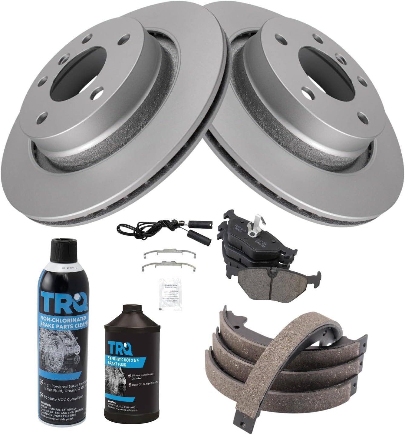 TRQ Rear Brake Pad & Rotor Kit Brake Chemical Kit Brake Pads Brake Rotor Parking Brake Shoe Set Ceramic Premium G-Coated Compatible with 2000 BMW 323Ci 323i 2001-2006 325Ci 2001-2005 325i 328Ci