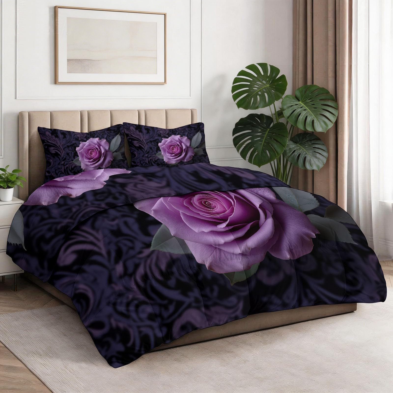 Colcha Estampado Sutil de Rosas de Lujo Cubrecama Ligera Fina Entretiempo Extra Suave 220 x 240 cm Transpirable de Cama de Colchas Acolchadas de Microfibra Colcha a con Púrpura