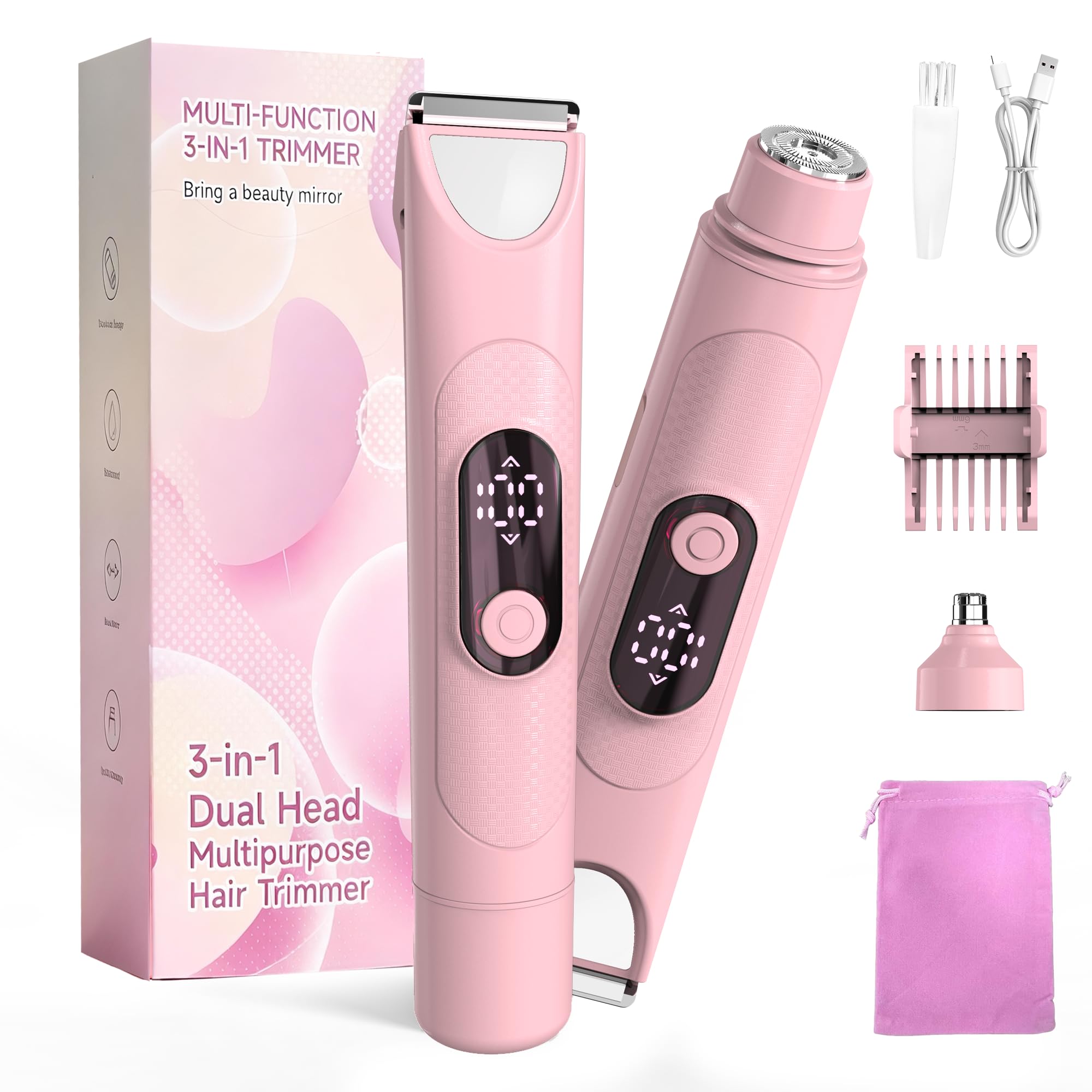 Afeitadora Eléctrica Mujer, Set de Depiladora Electrica 3 en 1 para Mujer, IPX7 Utilizable en seco/mojado Recortadora Corporal Mujer, Apto para Facial, Cuerpo y Las Zonas íntimas