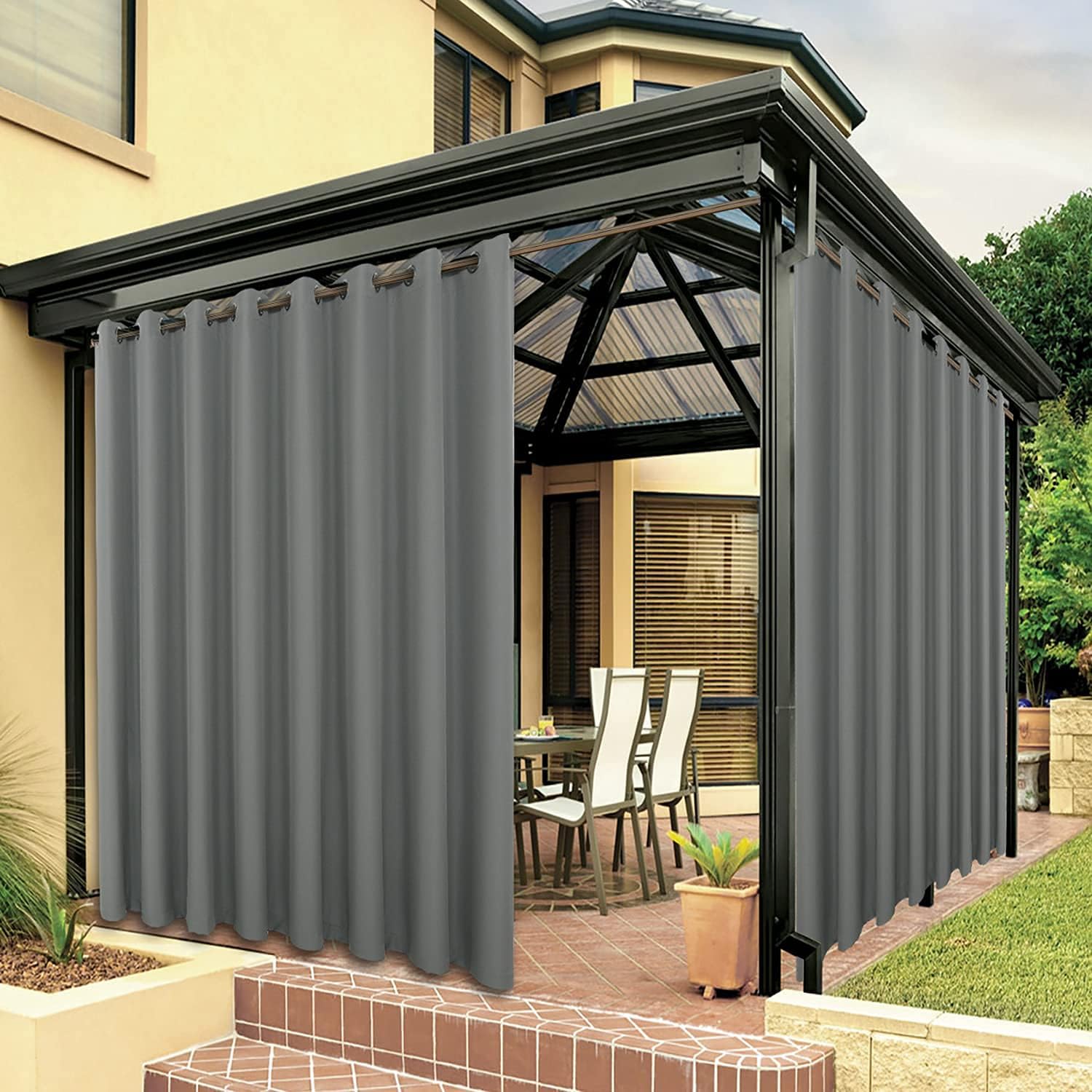 BONZER Waterproof Outdoor Curtains for Patio Porch Pergola Cabana Thick Privacy Extra Wide Grommet Indoor Curtains for Bedroom Living Room, 1 Panel, 150W x 108L inch, Grey
