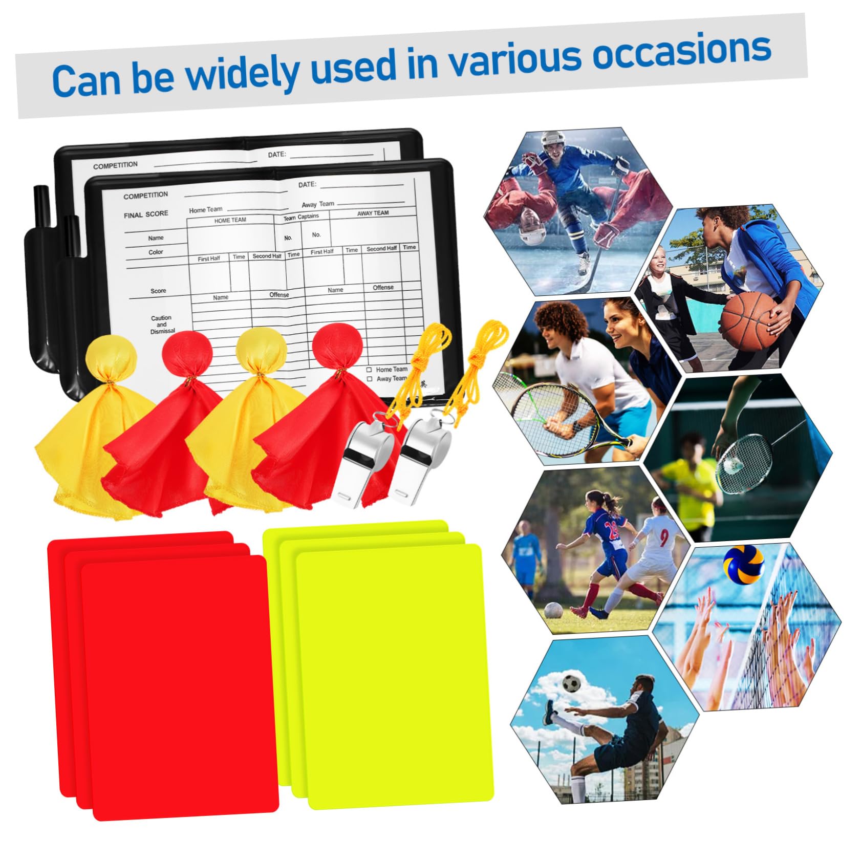 Hemobllo 3 Set Completo Cartellini e Bandiere per Arbitri Calcio Cartellini Rossi e Gialli Fischietti Professionali Strumenti Leggeri e Resistenti per Sportivi