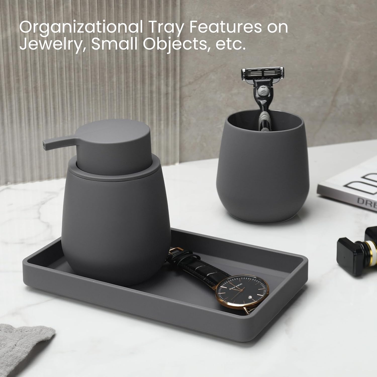 Bathroom Accessories Set, Modern 3 Pcs Bathroom Essentials - Soap Dispenser, Toothbrush Holder & Tray, Countertop Vanity Organizer (Gray)